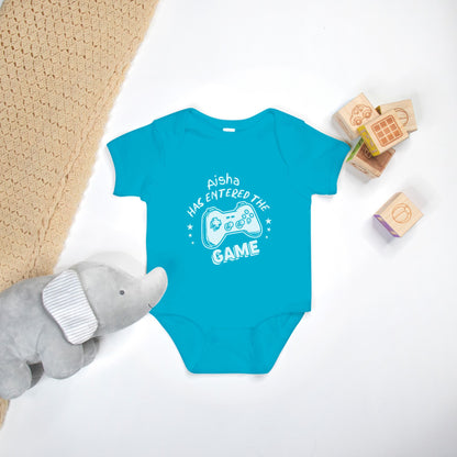 Has Entered The Game in White Design Personalized Onesie