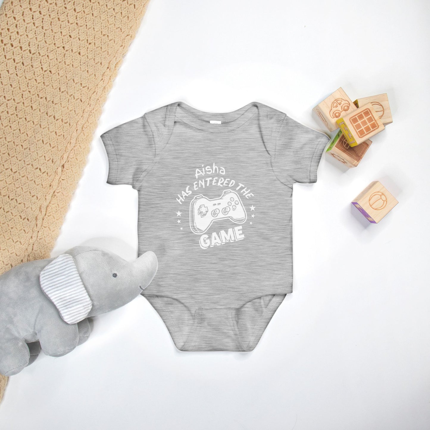 Has Entered The Game in White Design Personalized Onesie