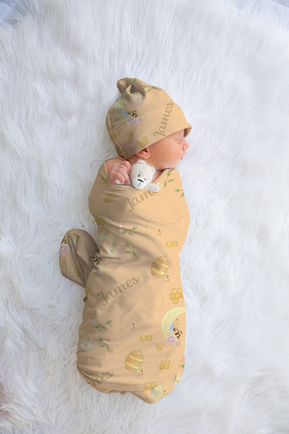 Buzzing Under The Moon Personalized Baby Swaddle Blanket & Beanie BUNDLE