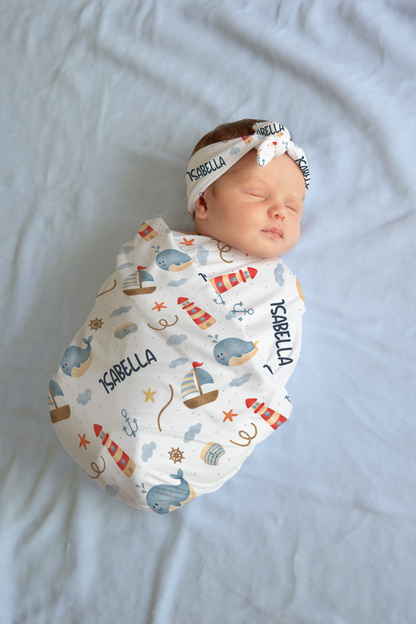Whale Sailing Personalized Swaddle Blanket & Beanie BUNDLE