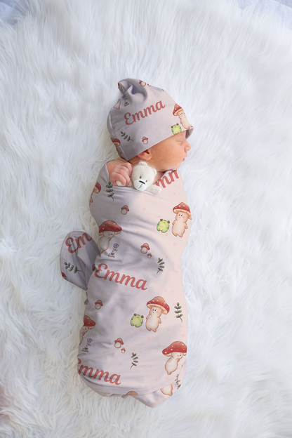 Little Mushroom Personalized Baby Swaddle Blanket & Beanie BUNDLE