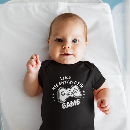 Has Entered The Game in White Design Personalized Onesie