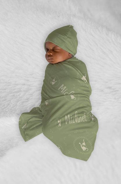 Jurassic Jungle Personalized Baby Swaddle Blanket & Beanie BUNDLE