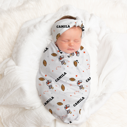 Baby Coach Personalized Swaddle Blanket & Beanie BUNDLE