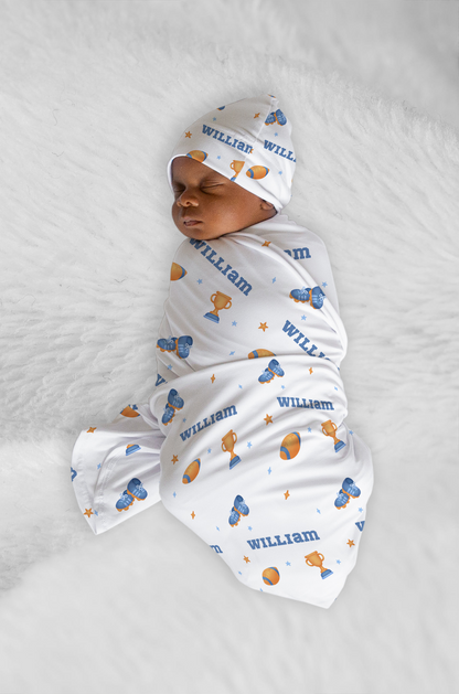 NFL Baby Personalized Swaddle Blanket & Beanie BUNDLE