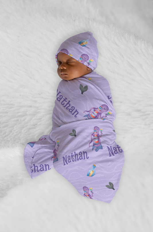 Purple Odyssey Personalized Baby Swaddle Blanket & Beanie BUNDLE