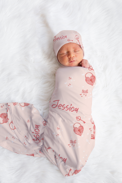 Heart's Treasure Personalized Baby Swaddle Blanket & Beanie BUNDLE