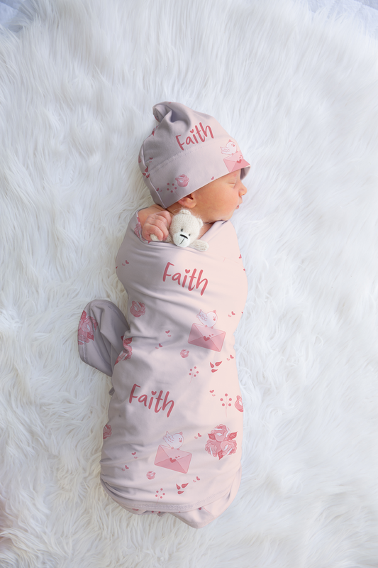 Enveloped in Love Personalized Baby Swaddle Blanket & Beanie BUNDLE