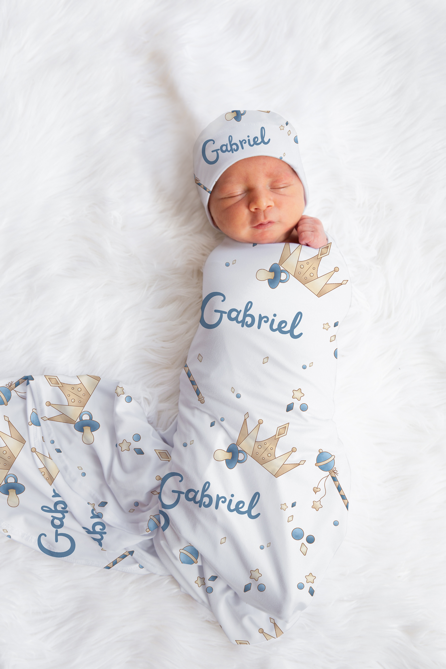 Royal Heirloom Personalized Baby Swaddle Blanket & Beanie BUNDLE