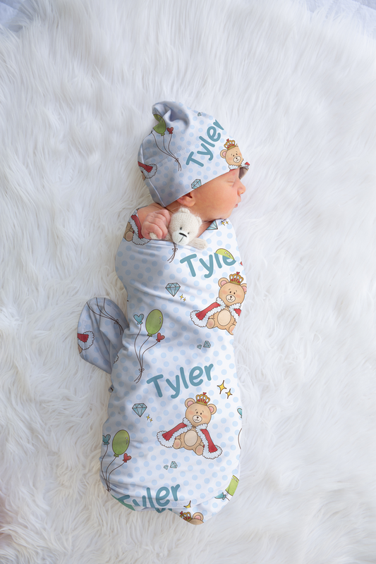 Royal Bear Personalized Baby Swaddle Blanket & Beanie BUNDLE