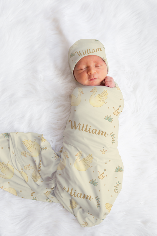 Royal Swan Personalized Baby Swaddle Blanket & Beanie BUNDLE