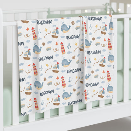 Whale Sailing Personalized Swaddle Blanket & Beanie BUNDLE
