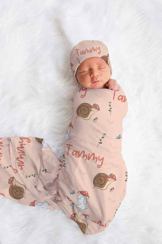 Woodlands Bunny Personalized Baby Swaddle Blanket & Beanie BUNDLE