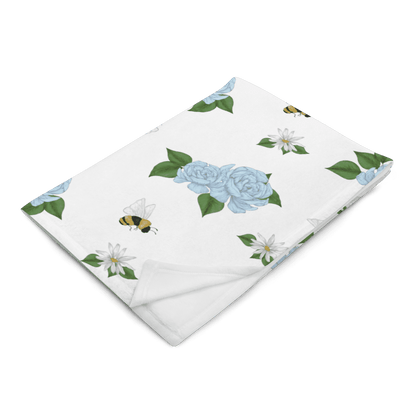 Blue Roses, Bees and White Flowers Blanket