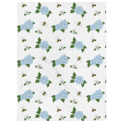 Blue Roses, Bees and White Flowers Blanket